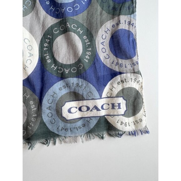 COACH Blue Grey Green Circle Logo Motif Cotton Voile 68" x 20" Rectangle Scarf - Picture 5 of 10